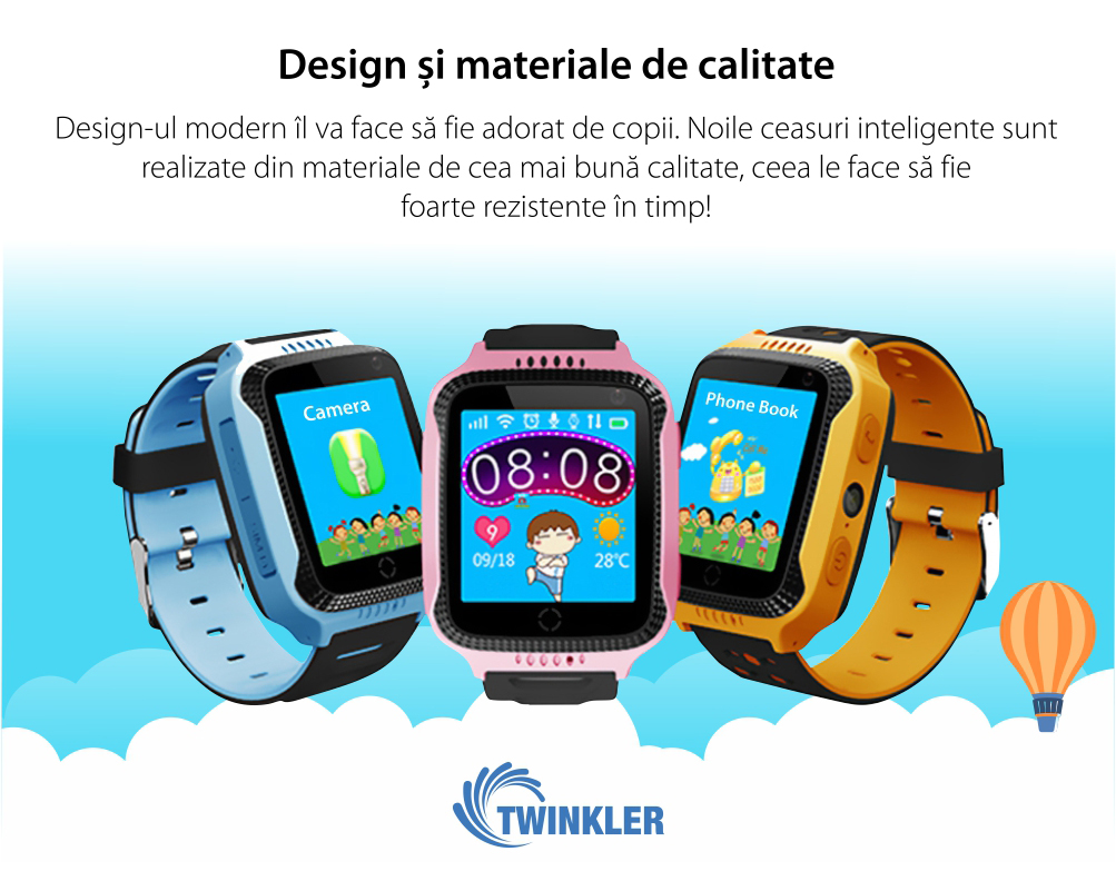 Ceas Smartwatch Pentru Copii Twinkler TKY-Q529 cu Functie Telefon, Localizare GPS, Camera, Pedometru, SOS, Lanterna, Joc Matematic – Albastru, Cartela SIM Cadou