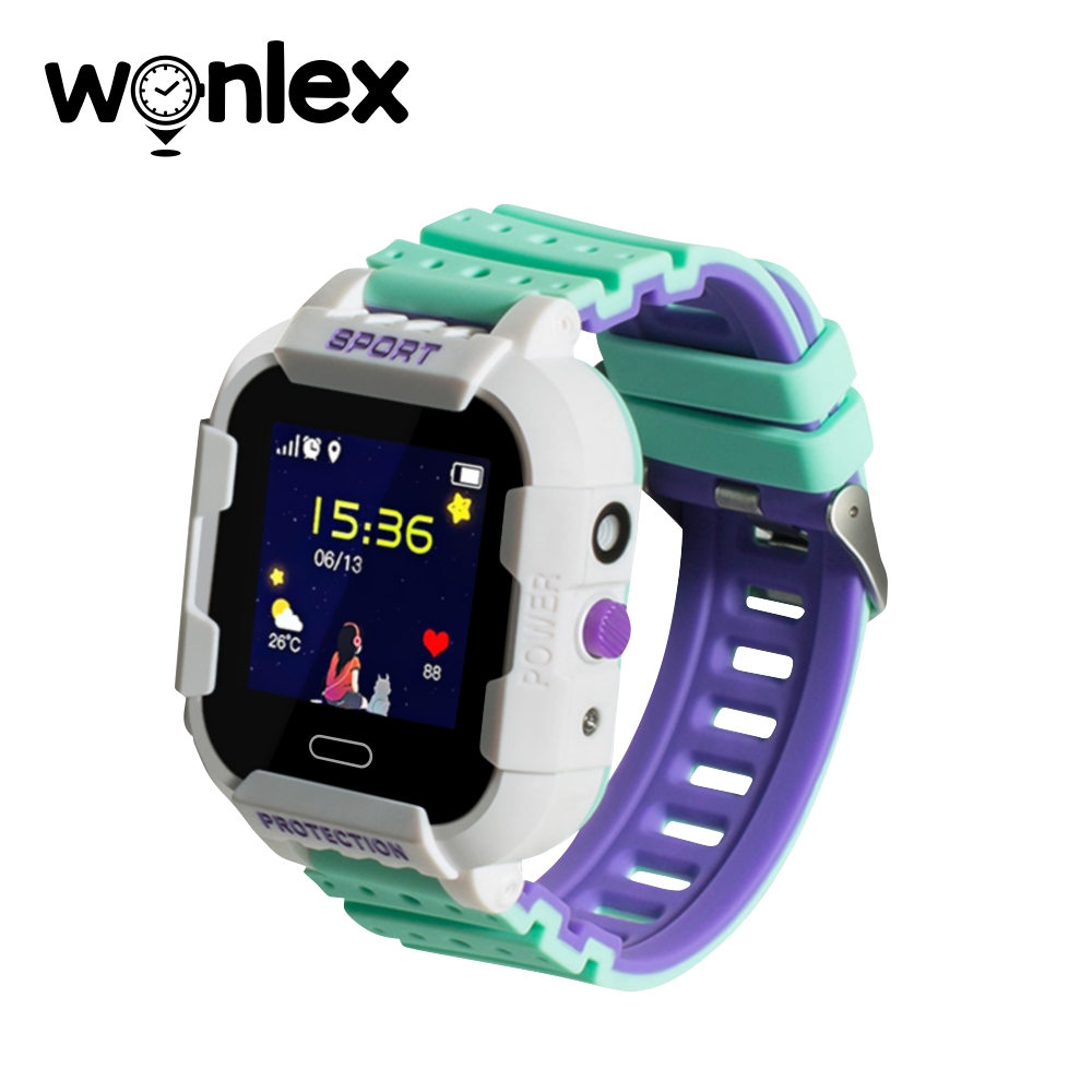 Ceas Smartwatch Pentru Copii Wonlex KT03 cu Functie Telefon, Localizare GPS, Camera, Pedometru, SOS, IP54 &#8211; Alb &#8211; Verde, Cartela SIM Cadou