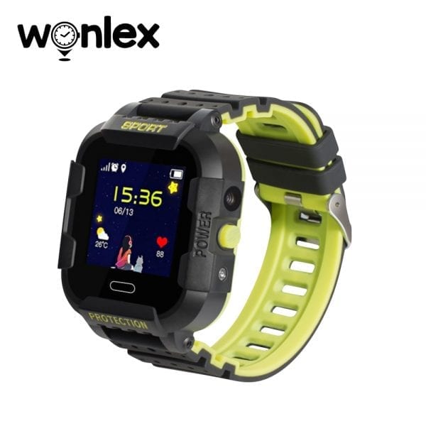 Ceas Smartwatch Pentru Copii Wonlex KT03, Model 2024 cu Functie Telefon, Localizare GPS, Camera, Pedometru, SOS, IP54 – Negru – Verde Lamaie, Cartela SIM Cadou