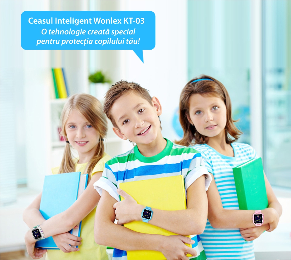 Ceas Smartwatch Pentru Copii Wonlex KT03 cu Functie Telefon, Localizare GPS, Camera, Pedometru, SOS, IP54 – Alb – Verde, Cartela SIM Cadou