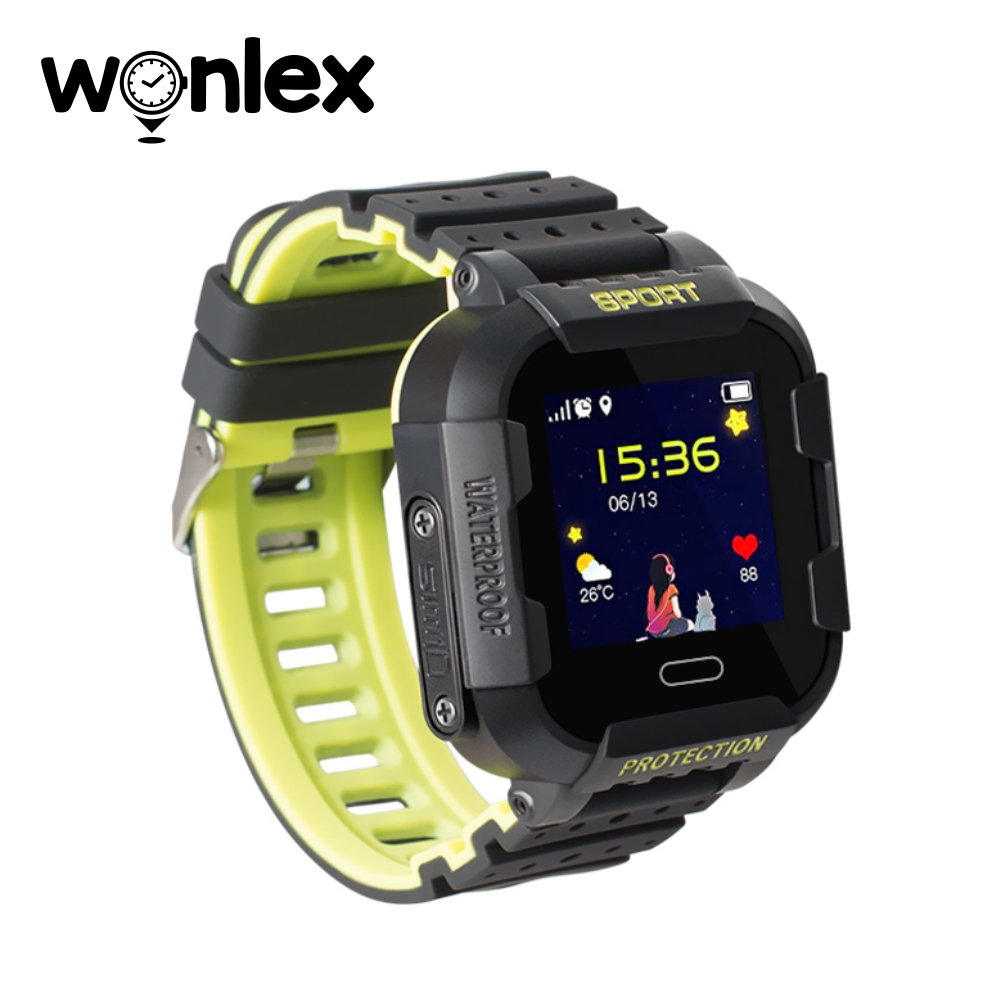 Ceas Smartwatch Pentru Copii Wonlex KT03, Model 2023 cu Functie Telefon, Localizare GPS, Camera, Pedometru, SOS, IP54 – Negru – Verde Lamaie, Cartela SIM Cadou