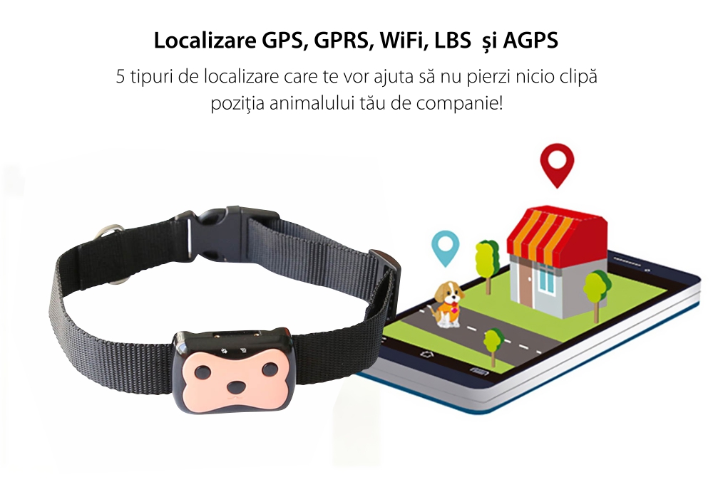 Zgarda cu Localizare GPS Pentru Animale PT-01 – Negru – Roz