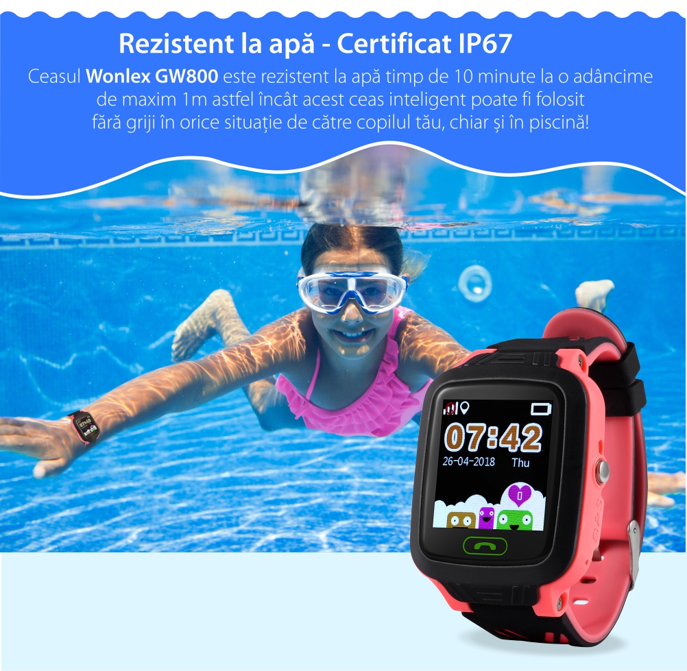 Ceas Smartwatch Pentru Copii Wonlex GW800 cu Functie Telefon, Localizare GPS, Pedometru, SOS, IP54 – Rosu