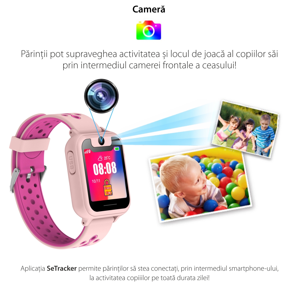 Pachet Promotional 2 Smartwatch-uri Pentru Copii Twinkler TKY-S6 cu Functie Telefon, Localizare GPS, Camera, Lanterna, Pedometru, SOS, Joc Matematic – Roz + Albastru, Cartela SIM Cadou