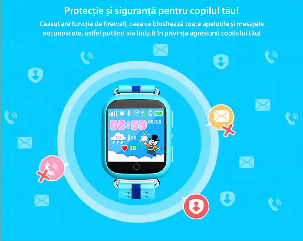 Ceas Smartwatch Pentru Copii Twinkler TKY-Q100 cu Functie Telefon, Localizare GPS, Pedometru, SOS, Detectie inlaturare ceas, Albastru