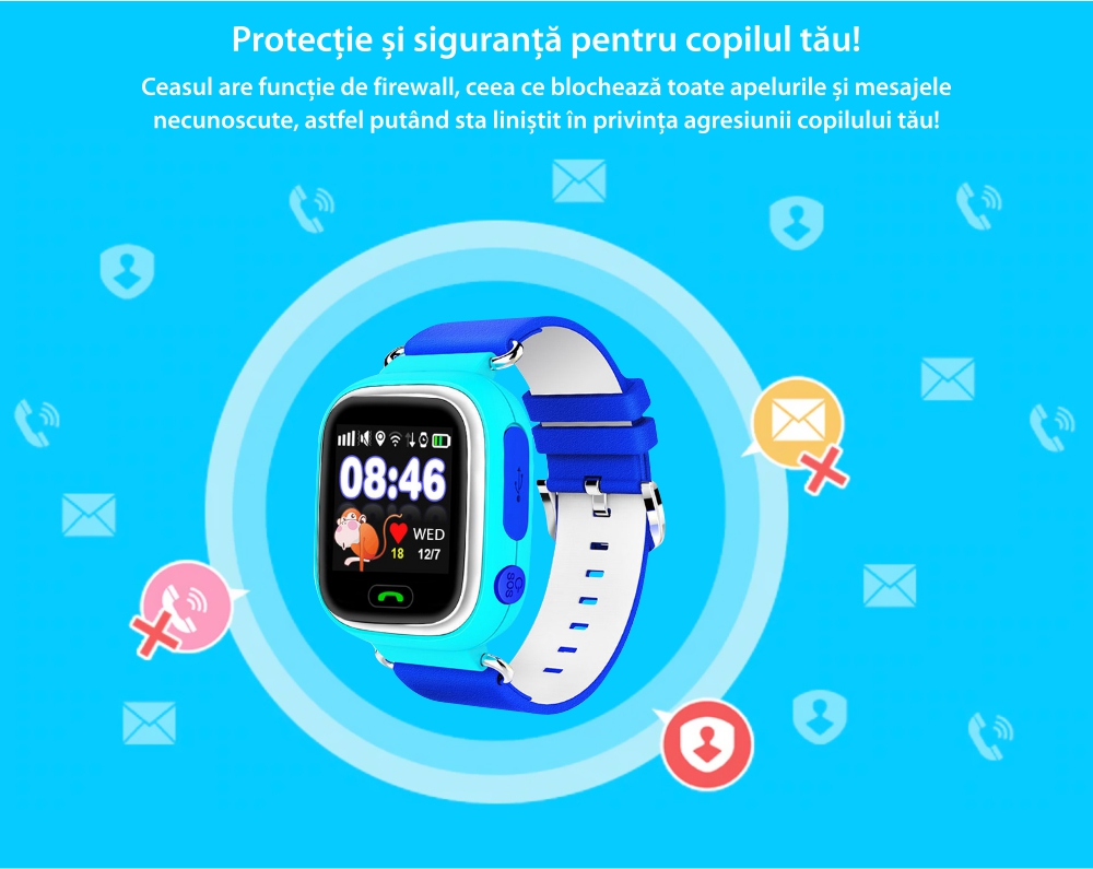 Ceas Smartwatch Pentru Copii Twinkler TKY-Q90 cu Functie Telefon, Localizare GPS, Pedometru, SOS, Joc Matematic – Bleu, Cartela SIM Cadou