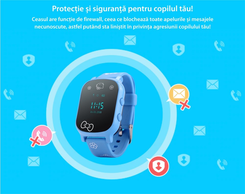 Ceas Smartwatch Pentru Copii Wonlex GW700-T58 cu Functie Telefon, Localizare GPS – Negru, Cartela SIM Cadou