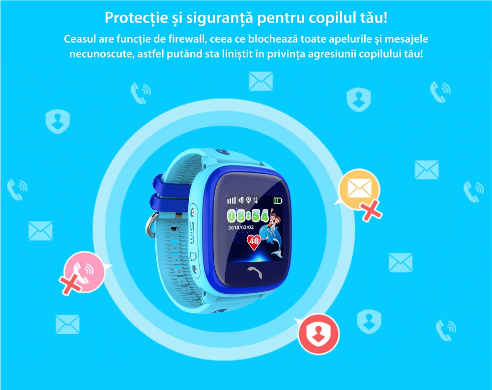 Ceas Smartwatch Pentru Copii Twinkler TKY-DF25 cu Functie Telefon, Localizare GPS, Pedometru, SOS, IP54 – Albastru, Cartela SIM Cadou