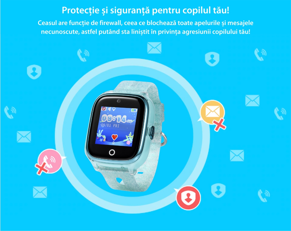 Ceas Smartwatch Pentru Copii Xkids X10 Wi-Fi cu Functie Telefon, Localizare GPS, Apel monitorizare, Camera, Pedometru, SOS, IP54, Turcoaz, Cartela SIM, Meniu engleza