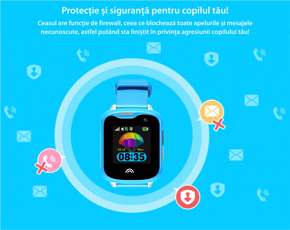 Ceas Smartwatch Pentru Copii Twinkler TKY-D7 cu Functie Telefon, Localizare GPS, Camera, Pedometru, IP54 – Albastru, Cartela SIM Cadou