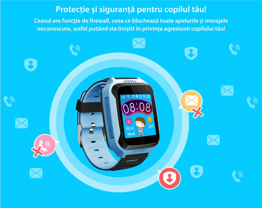 Ceas Smartwatch Pentru Copii Twinkler TKY-Q529 cu Functie Telefon, Localizare GPS, Camera, Pedometru, SOS, Lanterna, Joc Matematic – Albastru, Cartela SIM Cadou