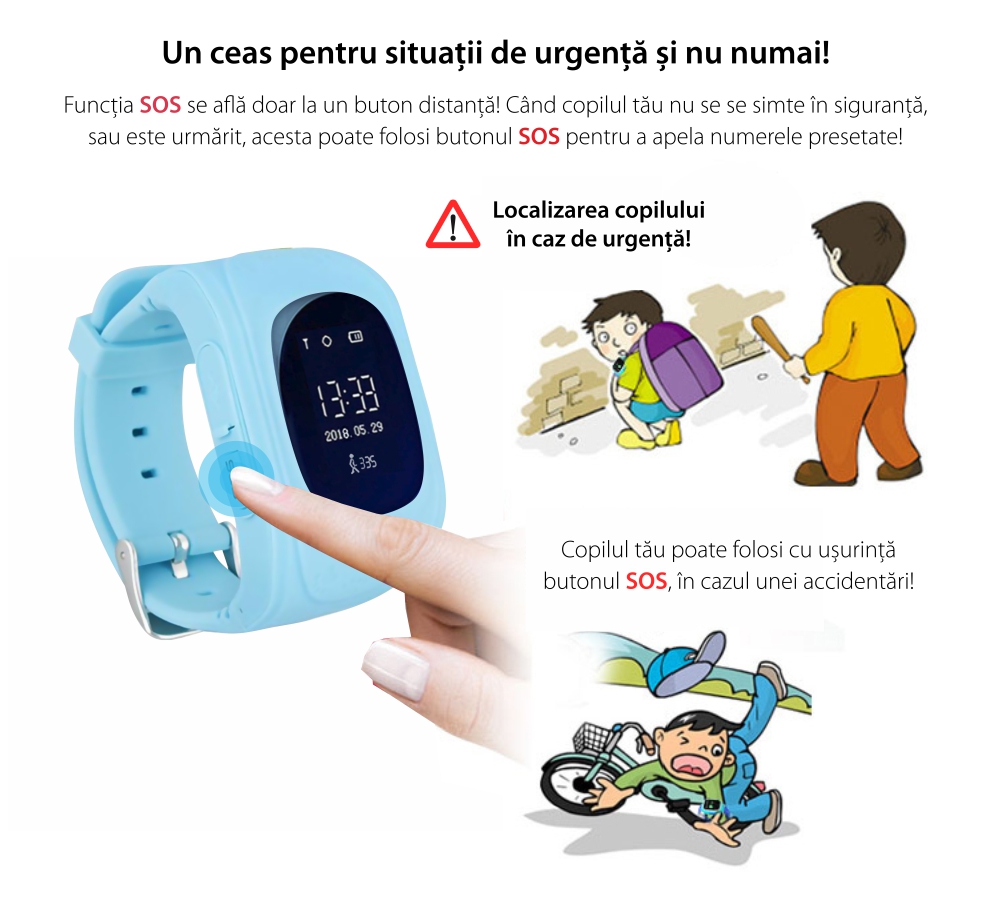 Ceas Smartwatch Pentru Copii Wonlex Q50 cu Functie Telefon, Localizare GPS, Pedometru, SOS – Negru, Cartela SIM Cadou