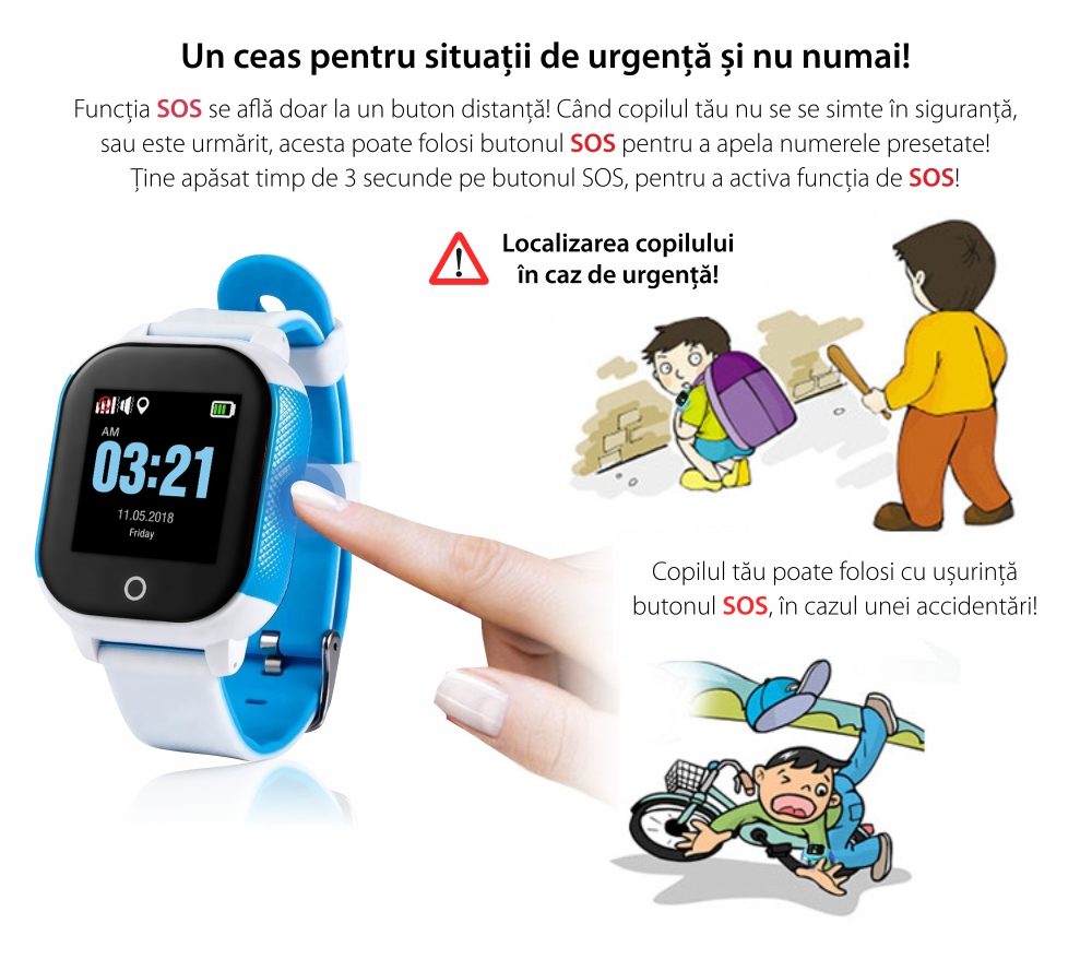 Ceas Smartwatch Pentru Copii Wonlex GW700S cu Functie Telefon, Localizare GPS, Pedometru, SOS, IP54 – Rosu-Negru, Cartela SIM Cadou