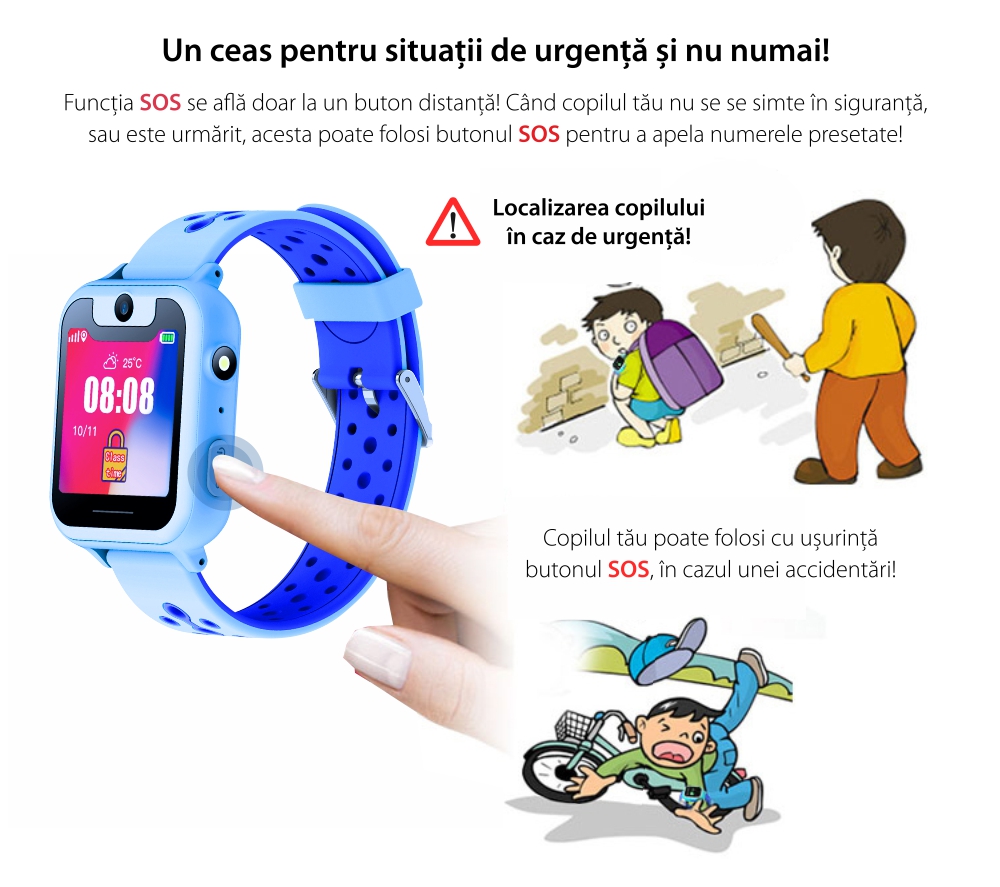 Pachet Promotional 2 Smartwatch-uri Pentru Copii Twinkler TKY-S6 cu Functie Telefon, Localizare GPS, Camera, Lanterna, Pedometru, SOS, Joc Matematic – Roz + Albastru, Cartela SIM Cadou