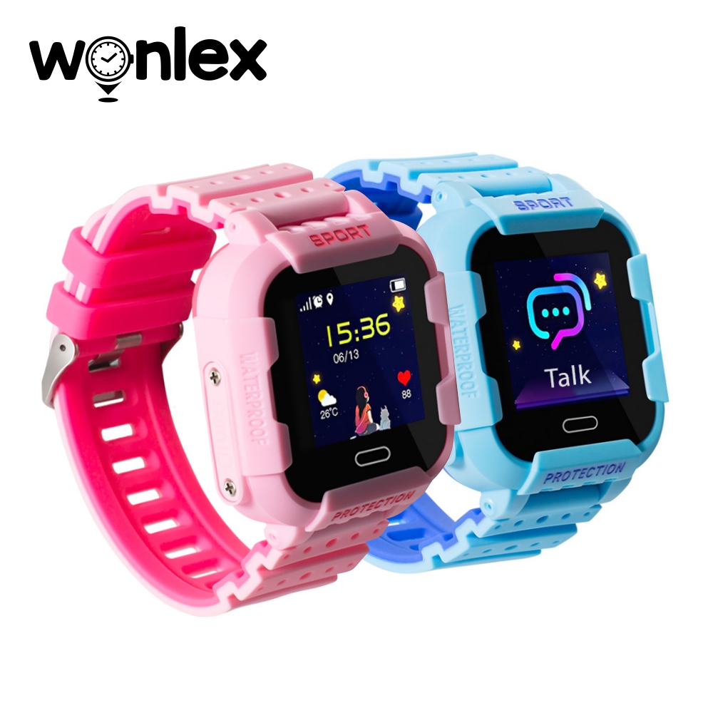 Pachet Promotional 2 Smartwatch-uri Pentru Copii Wonlex KT03, Model 2023 cu Functie Telefon, Localizare GPS, Camera, Pedometru, SOS, IP54 – Roz + Albastru, Cartela SIM Cadou