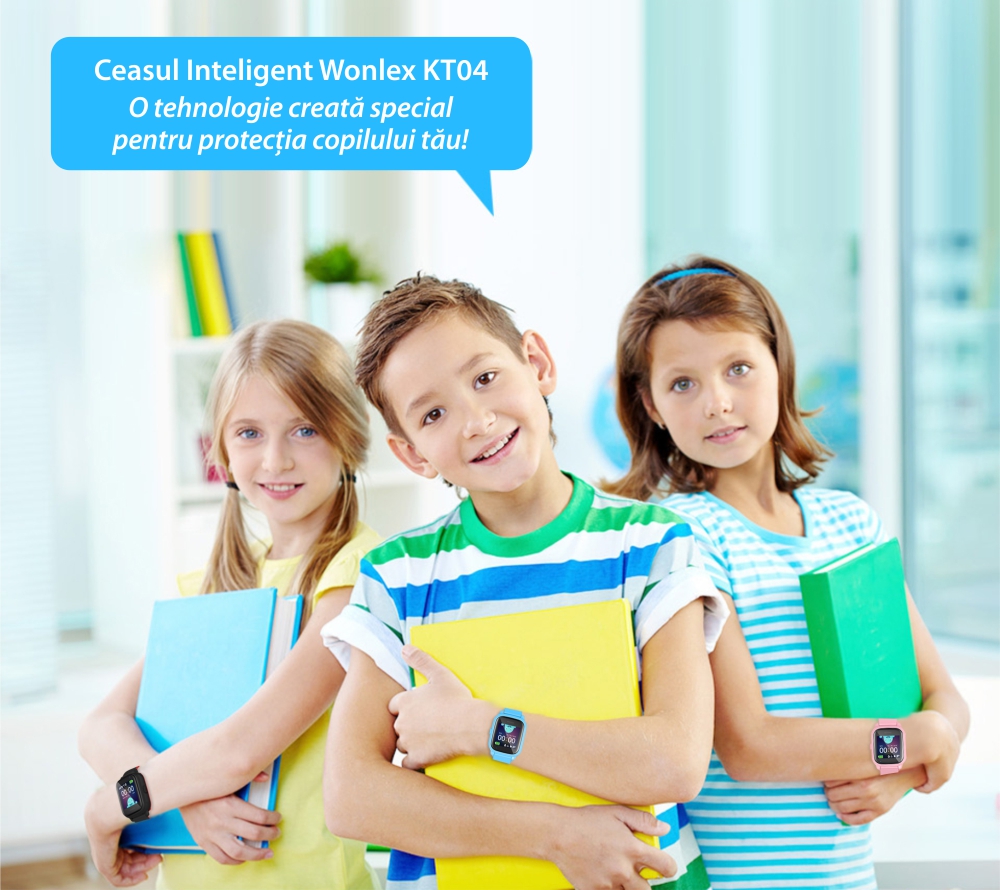 Ceas Smartwatch Pentru Copii Wonlex KT04 cu Functie Telefon, GPS, Camera, IP54 – Negru, Cartela SIM Cadou
