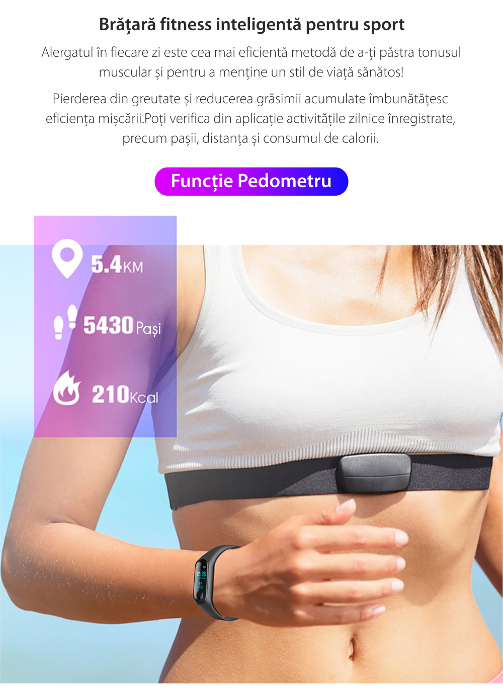 Bratara fitness inteligenta M3 cu masurarea tensiunii arteriale, Ritm cardiac, Notificari, Pedometru, Bluetooth – Albastra