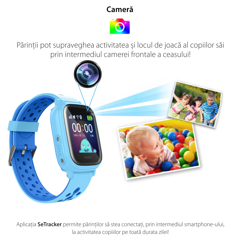Ceas Smartwatch Pentru Copii Wonlex KT04 cu Functie Telefon, GPS, Camera, IP54 – Negru, Cartela SIM Cadou