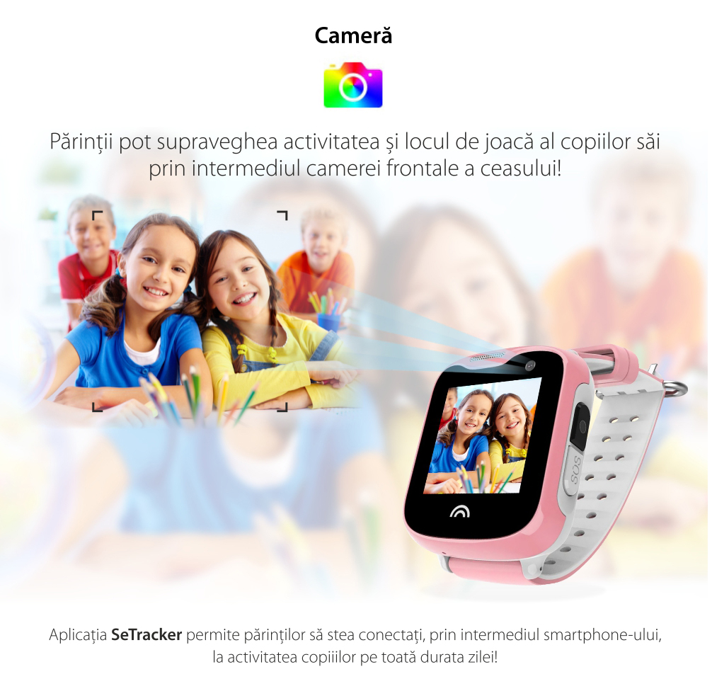 Ceas Smartwatch Pentru Copii Wonlex KT05 cu Functie Telefon, GPS, Camera, IP54 – Roz, Cartela SIM Cadou