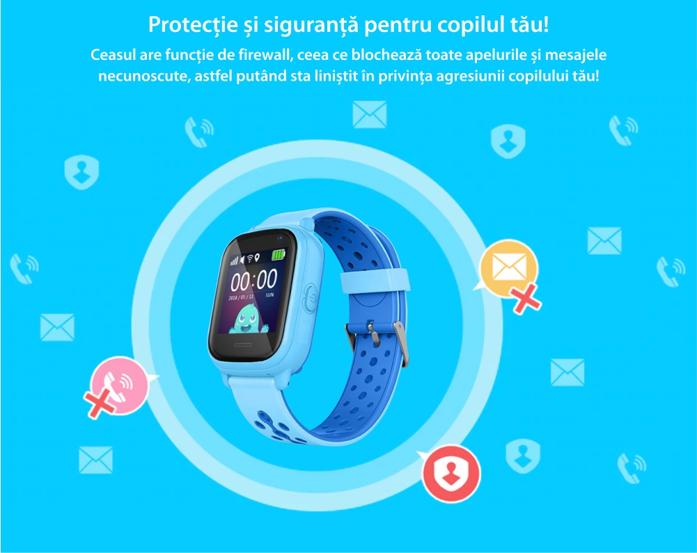 Ceas Smartwatch Pentru Copii Wonlex KT04 cu Functie Telefon, GPS, Camera, IP54 – Negru, Cartela SIM Cadou