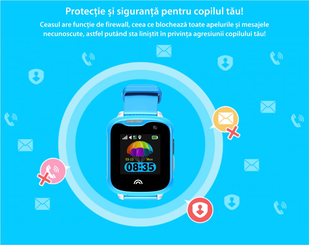 Ceas Smartwatch Pentru Copii Wonlex KT05 cu Functie Telefon, GPS, Camera, IP54 – Albastru, Cartela SIM Cadou