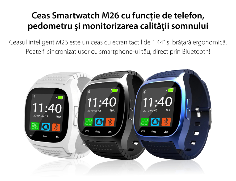 Ceas Smartwatch M26 cu Functie Apelare prin Bluetooth, Pedometru, Notificari, Monitorizare somn – Alb