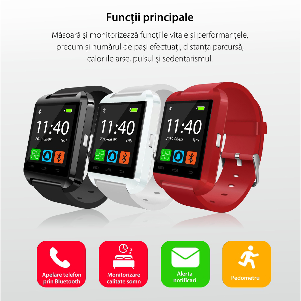 Ceas Smartwatch U8 cu Functie Apelare prin Bluetooth, Pedometru, Notificari, Monitorizare somn – Rosu