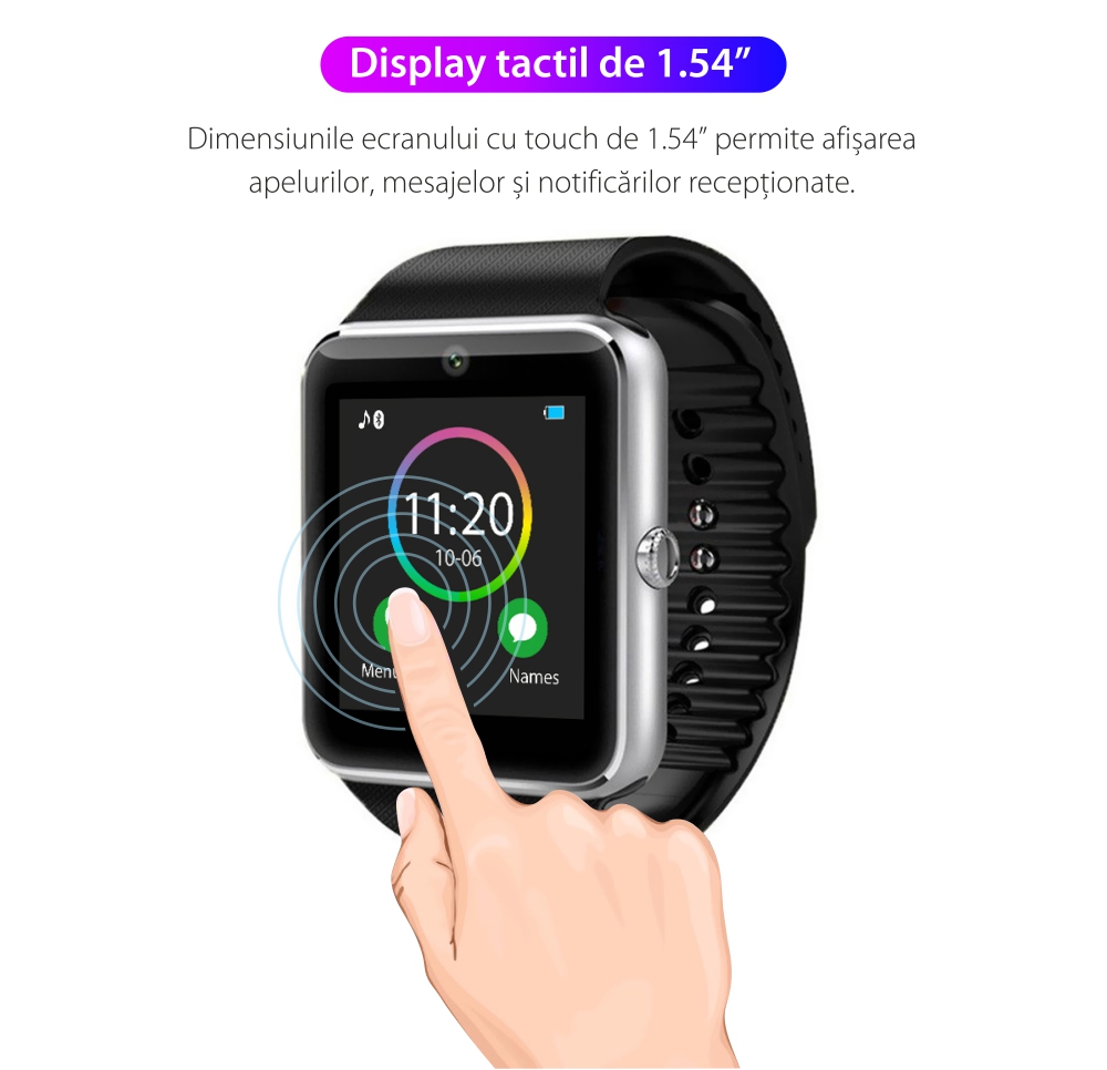 Ceas Smartwatch GT08 cu Functie Apelare, SMS, Camera, Bluetooth, Pedometru, Android, Rosu-Auriu