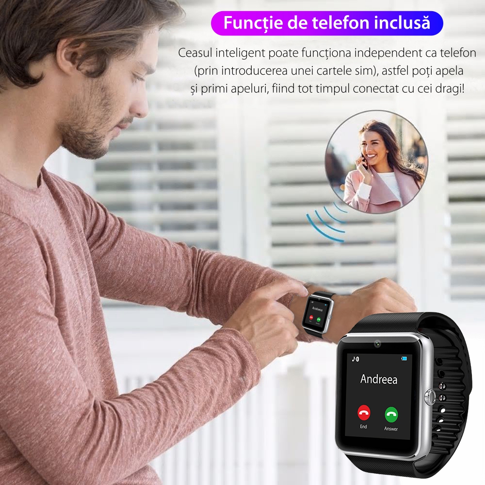 Ceas Smartwatch GT08 cu Functie Apelare, SMS, Camera, Bluetooth, Pedometru, Android, Rosu-Auriu