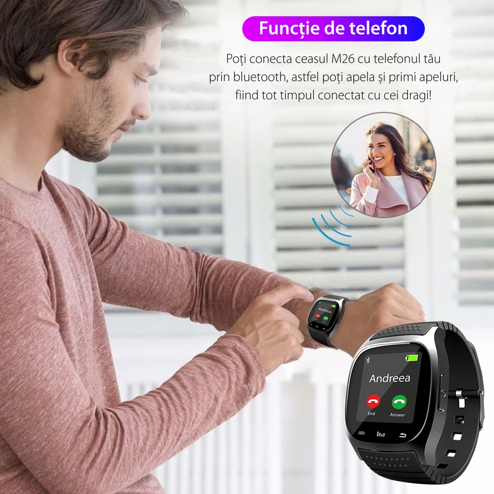 Ceas Smartwatch M26 cu Functie Apelare prin Bluetooth, Pedometru, Notificari, Monitorizare somn – Negru