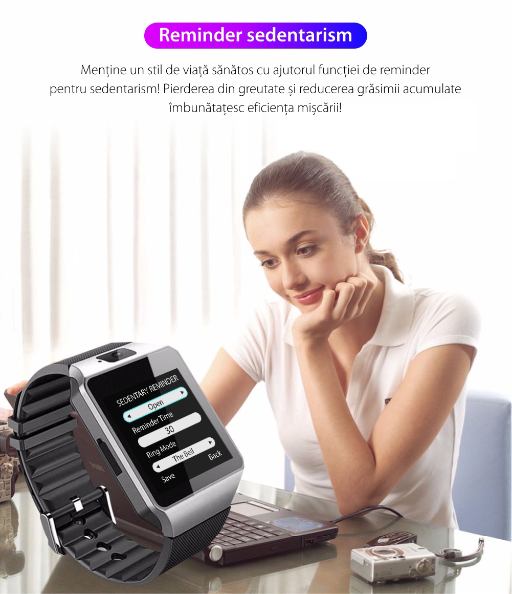 Ceas Smartwatch DZ09 cu Functie Apelare, SMS, Camera, Bluetooth, Pedometru, Android – Negru
