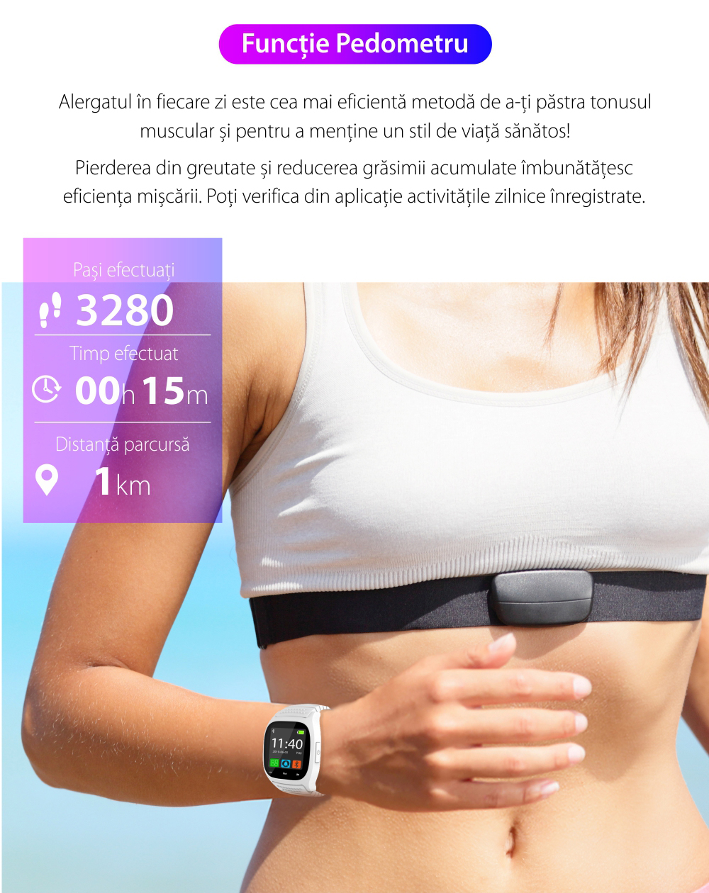 Ceas Smartwatch M26 cu Functie Apelare prin Bluetooth, Pedometru, Notificari, Monitorizare somn – Alb