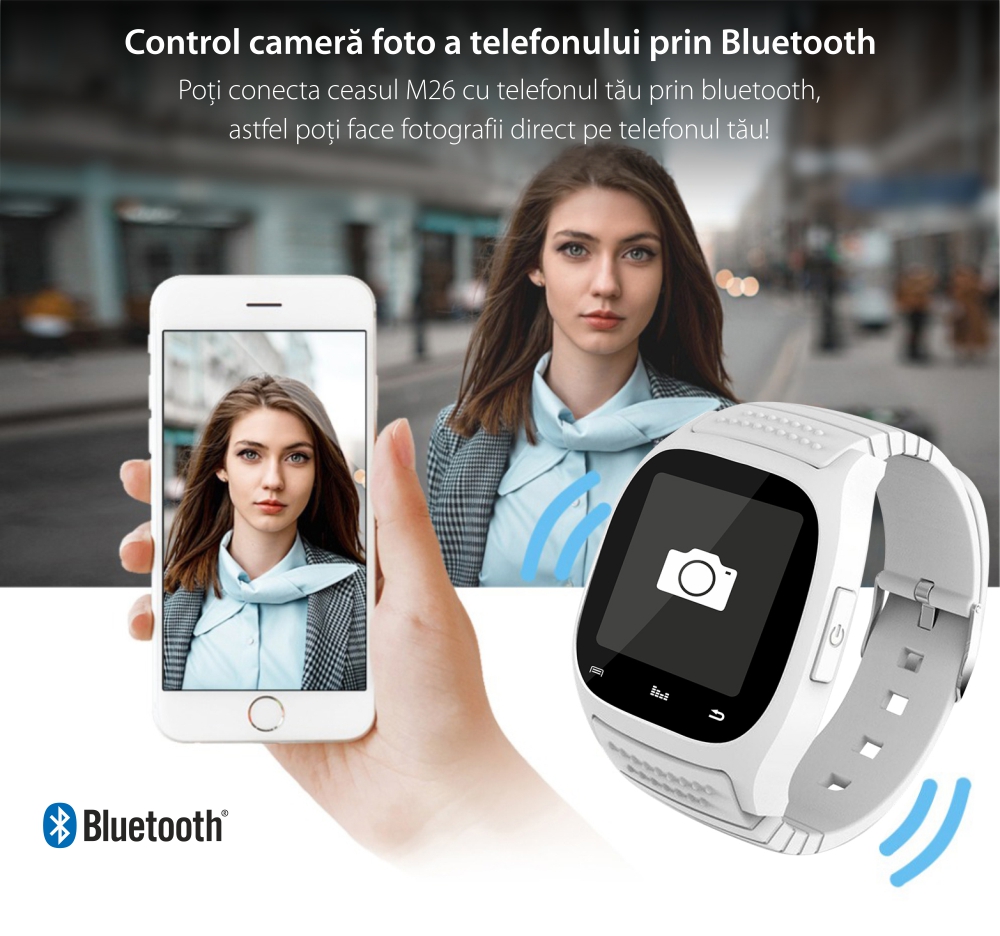 Ceas Smartwatch M26 cu Functie Apelare prin Bluetooth, Pedometru, Notificari, Monitorizare somn – Negru
