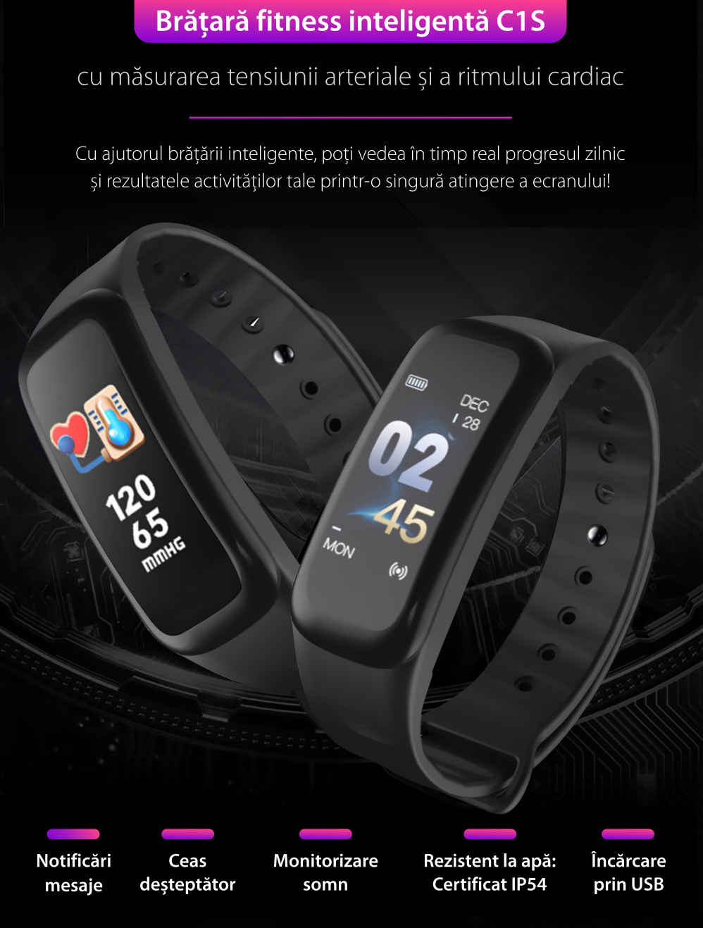 Bratara fitness inteligenta C1S cu masurarea ritmului cardiac, Notificari, Pedometru, Bluetooth, Neagra