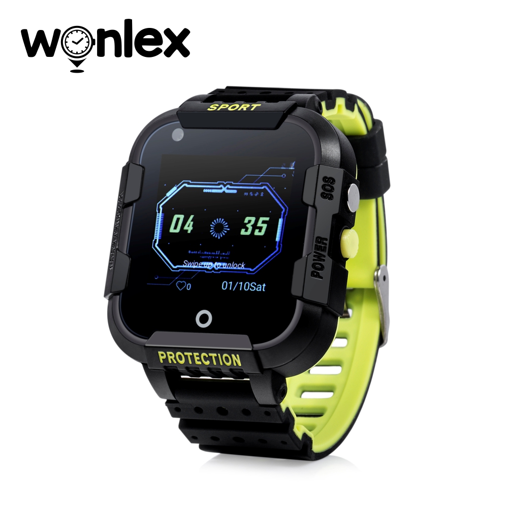 Ceas Smartwatch Pentru Copii Wonlex KT12 cu Functie Telefon, Apel video, Localizare GPS, Camera, Pedometru, SOS, IP54, 4G – Negru – Verde Lamaie, Cartela SIM Cadou