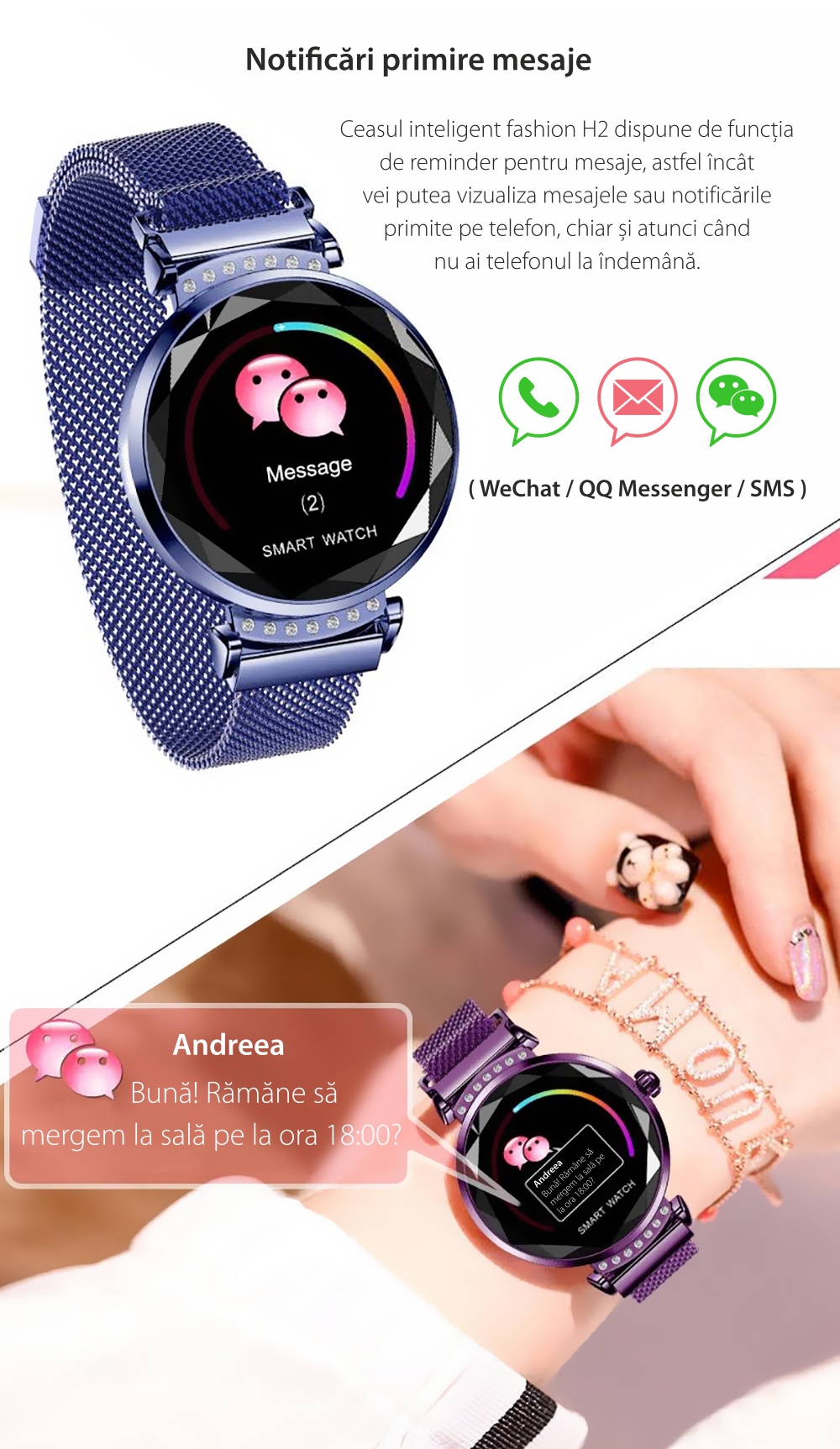 Ceas Smartwatch fitness fashion H2 cu functie de monitorizare ritm cardiac, Notificari, Pedometru, Bluetooth, Metal, Argintiu