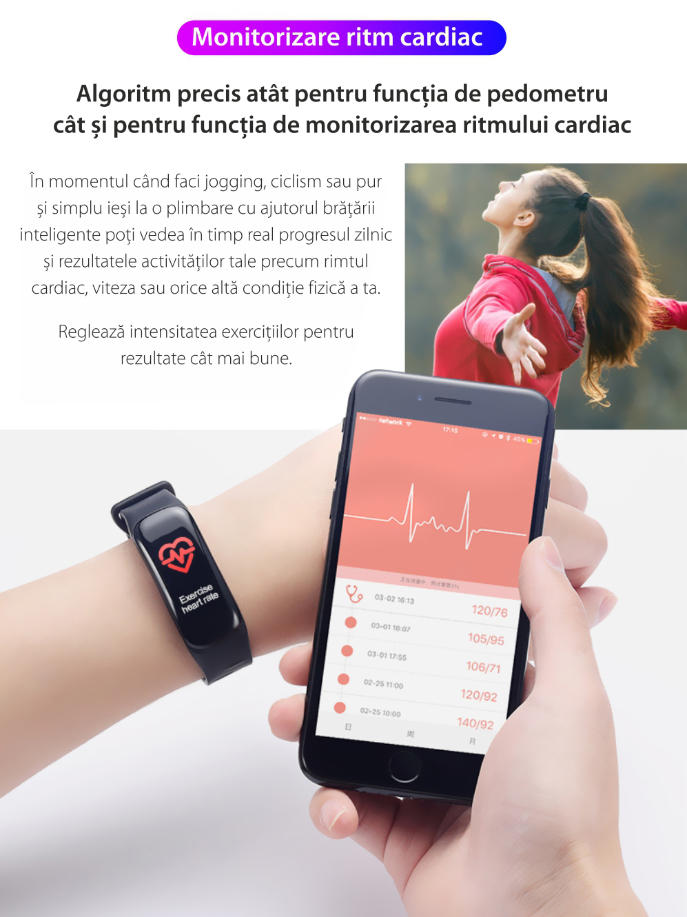 Bratara fitness inteligenta C1S cu masurarea ritmului cardiac, Notificari, Pedometru, Bluetooth, Neagra