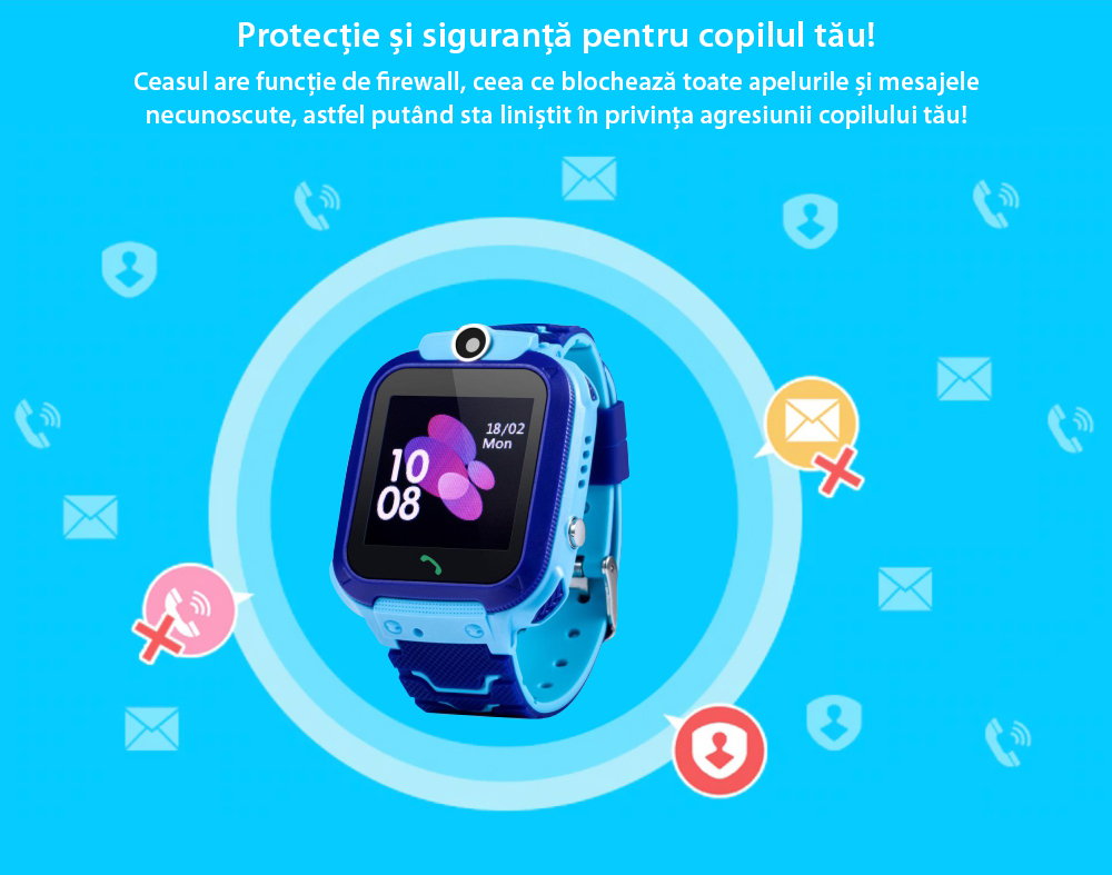Ceas Smartwatch Pentru Copii Wonlex GW600S cu Functie Telefon, Localizare GPS, Monitorizare somn, Camera, Pedometru, SOS, IP54 – Albastru, Cartela SIM Cadou