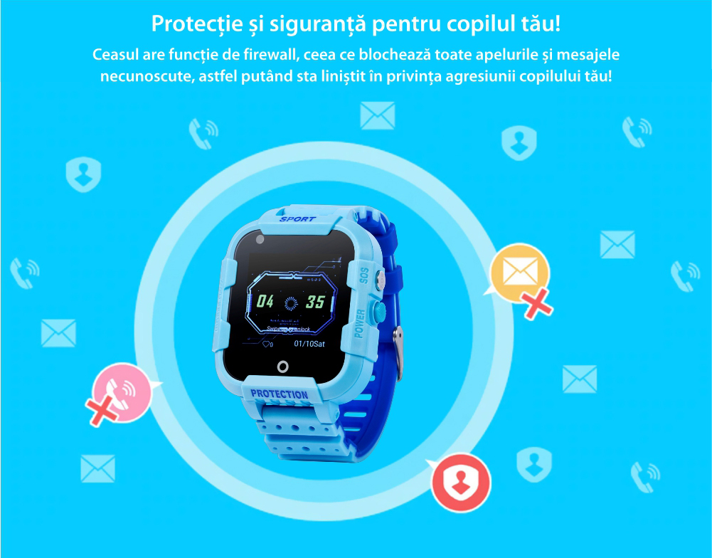 Ceas Smartwatch Pentru Copii Wonlex KT12 cu Functie Telefon, Apel video, Localizare GPS, Camera, Pedometru, SOS, IP54, 4G – Albastru, Cartela SIM Cadou