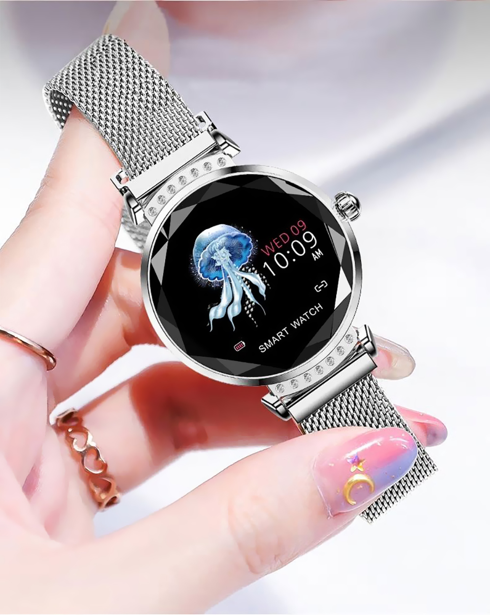 Ceas Smartwatch fitness fashion H2 cu functie de monitorizare ritm cardiac, Notificari, Pedometru, Bluetooth, Metal, Auriu