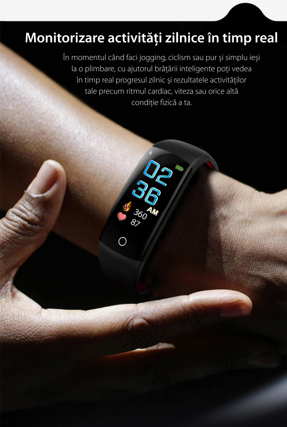 Bratara fitness inteligenta TKY-Q6S cu functie de monitorizare ritm cardiac, Tensiune arteriala, Monitorizare somn, Pedometru, Notificari, Negru – Rosu
