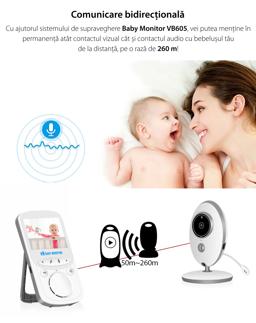 Baby Monitor Wireless VB605, Monitorizare Audio – Video, Monitorizare temperatura, Comunicare bidirectionala, Cantece de leagan, Night Vision, Baterie incorporata