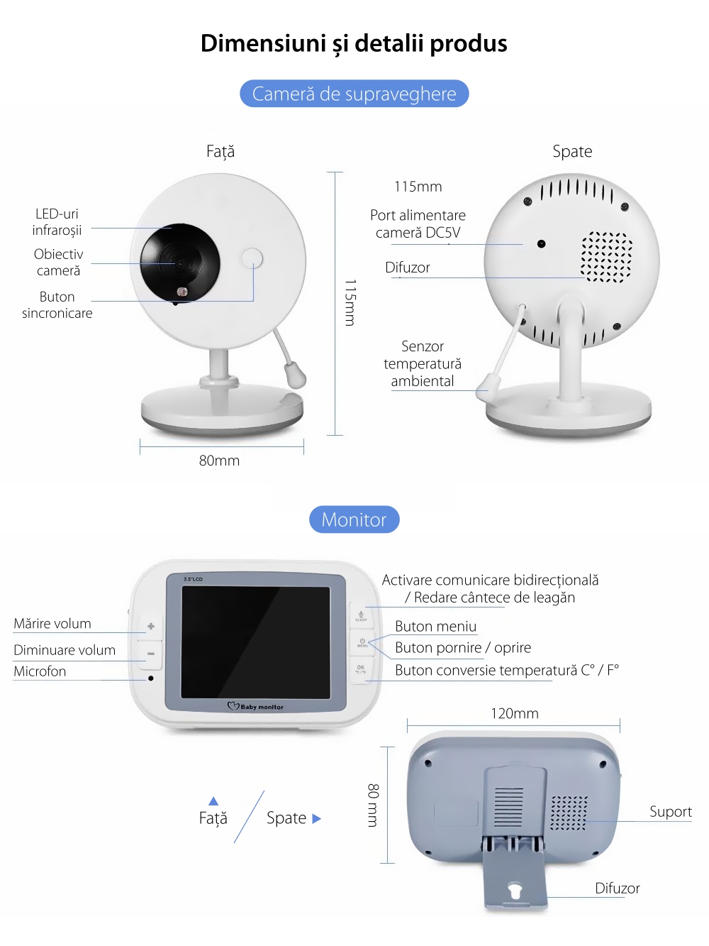 Baby Monitor Wireless 851, Monitorizare Audio – Video, Monitorizare temperatura, Comunicare bidirectionala, Cantece de leagan, Night Vision, Baterie incorporata