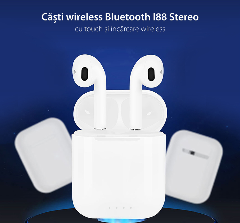 Casti wireless Bluetooth I88 Stereo cu Functie apelare, Control muzica, Cutie incarcare inclusa, SIRI, Android/ iOS, Negru