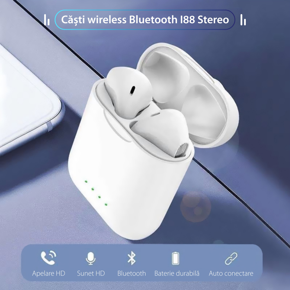 Casti wireless Bluetooth I88 Stereo cu Functie apelare, Control muzica, Cutie incarcare inclusa, SIRI, Android/ iOS, Alb