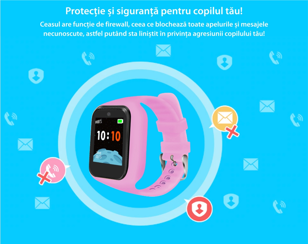 Ceas Smartwatch Pentru Copii Twinkler TKY-M5S cu Functie Telefon, Localizare GPS, Camera, SOS, Istoric traseu, Mov, Cartela SIM Cadou