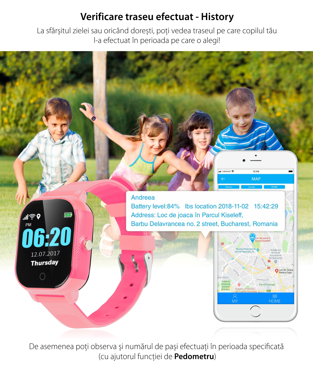 Ceas Smartwatch Pentru Copii i365-Tech FA23 cu Functie Telefon, Localizare GPS, SOS, Istoric traseu, Pedometru, Alb – Albastru