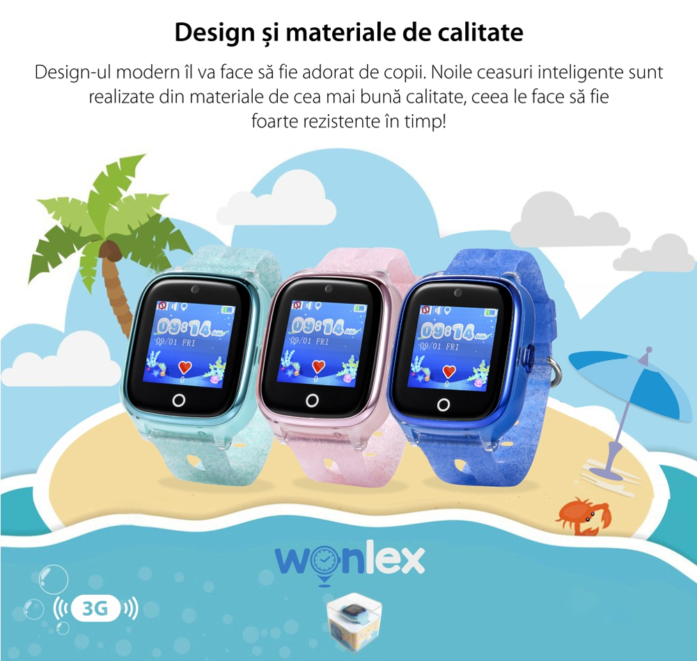 Ceas Smartwatch Pentru Copii Wonlex KT01 Wi-Fi, Model 2023 cu Functie Telefon, Localizare GPS, Camera, Pedometru, SOS, IP54 – Turcoaz, Cartela SIM Cadou