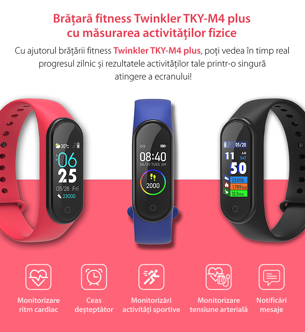 Bratara fitness inteligenta TKY-M4 Plus cu masurarea tensiunii arteriale, Ritm cardiac, Nivel oxigen, Notificari, Pedometru, Bluetooth, Incarcare magnetica, Neagra