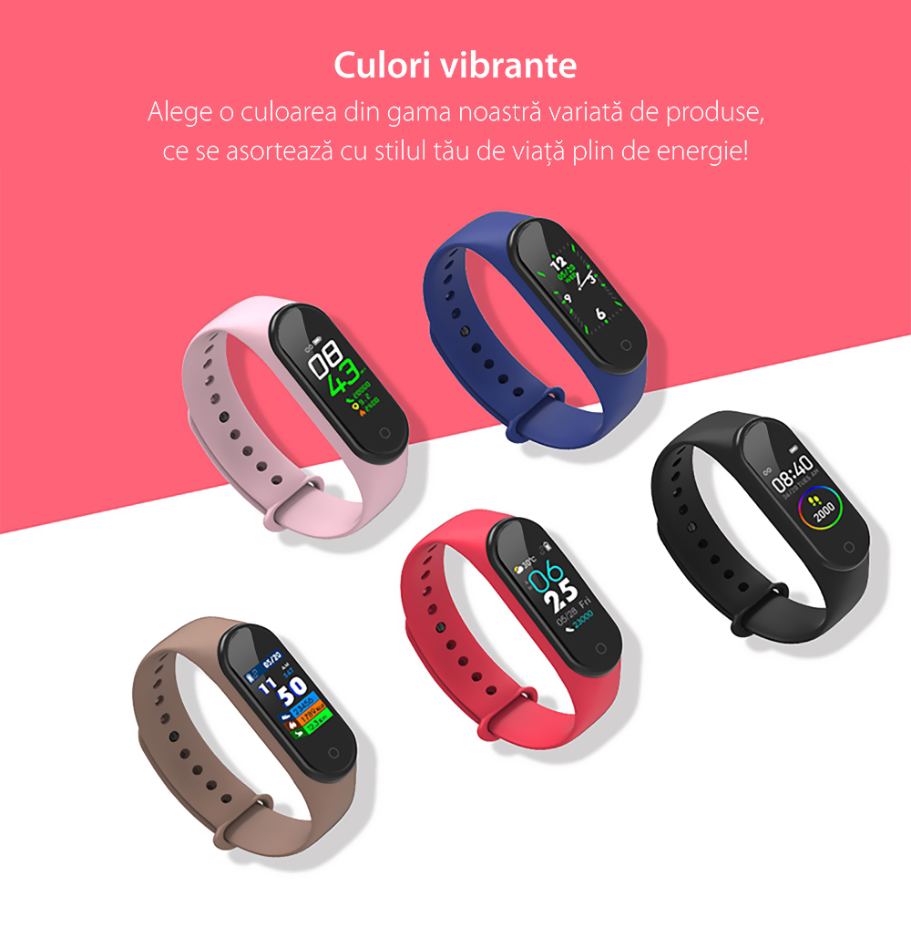 Bratara fitness inteligenta TKY-M4 Plus cu masurarea tensiunii arteriale, Ritm cardiac, Nivel oxigen, Notificari, Pedometru, Bluetooth, Incarcare magnetica, Roz